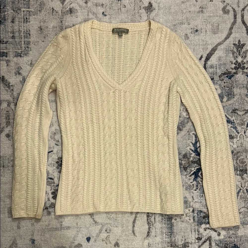 Neiman Marcus Cashmere Cable Knit V-Neck Sweater